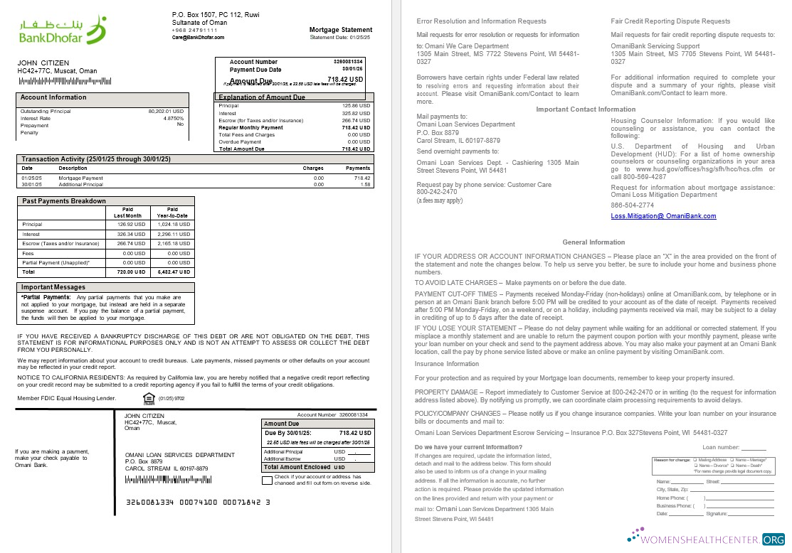 Download Omani Bank Dhofar mortgage statement in Word and PDF formats Photoshop template